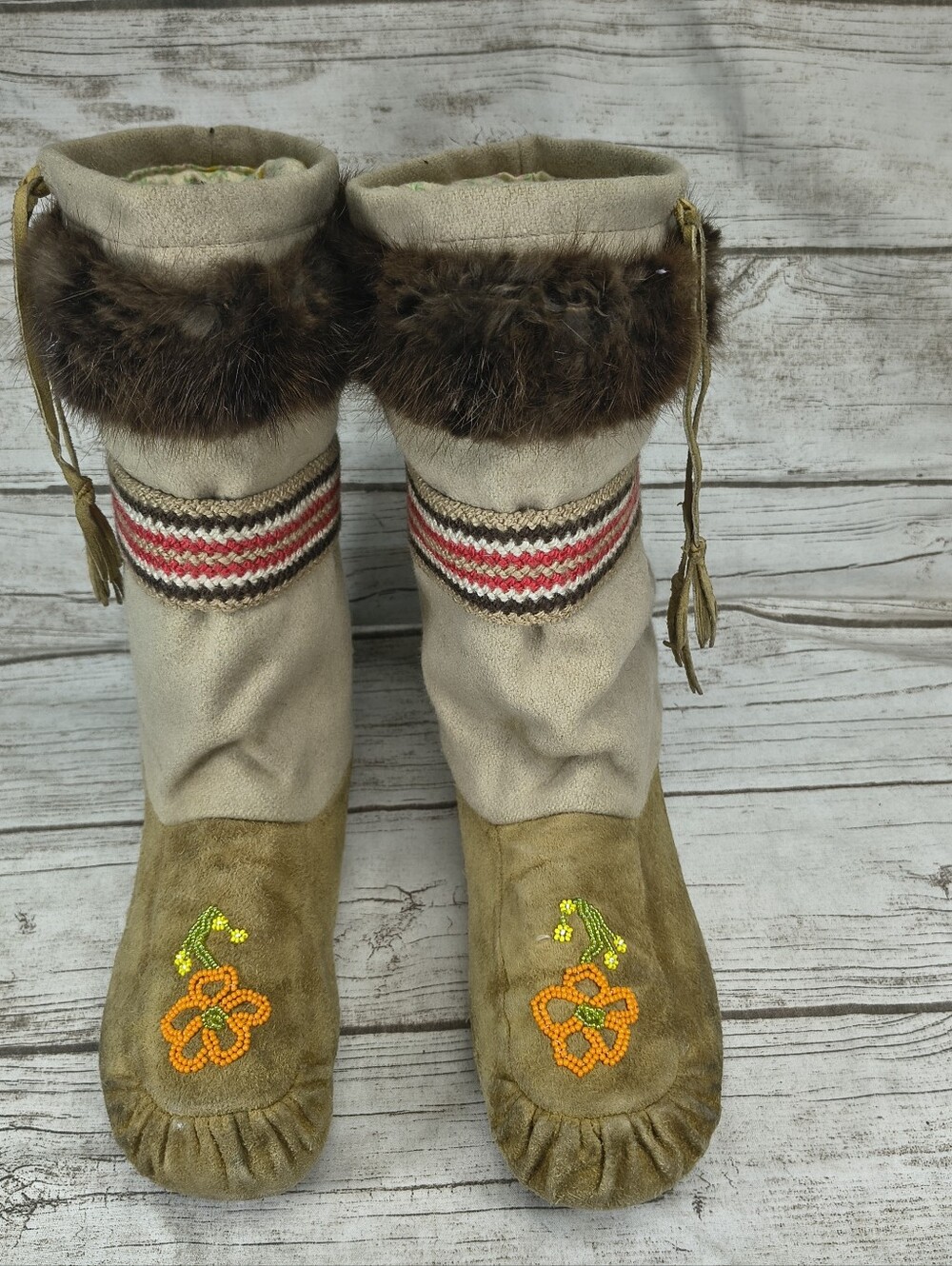 Handmade Native American Beaded Mukluks Moccasin With Real Fur